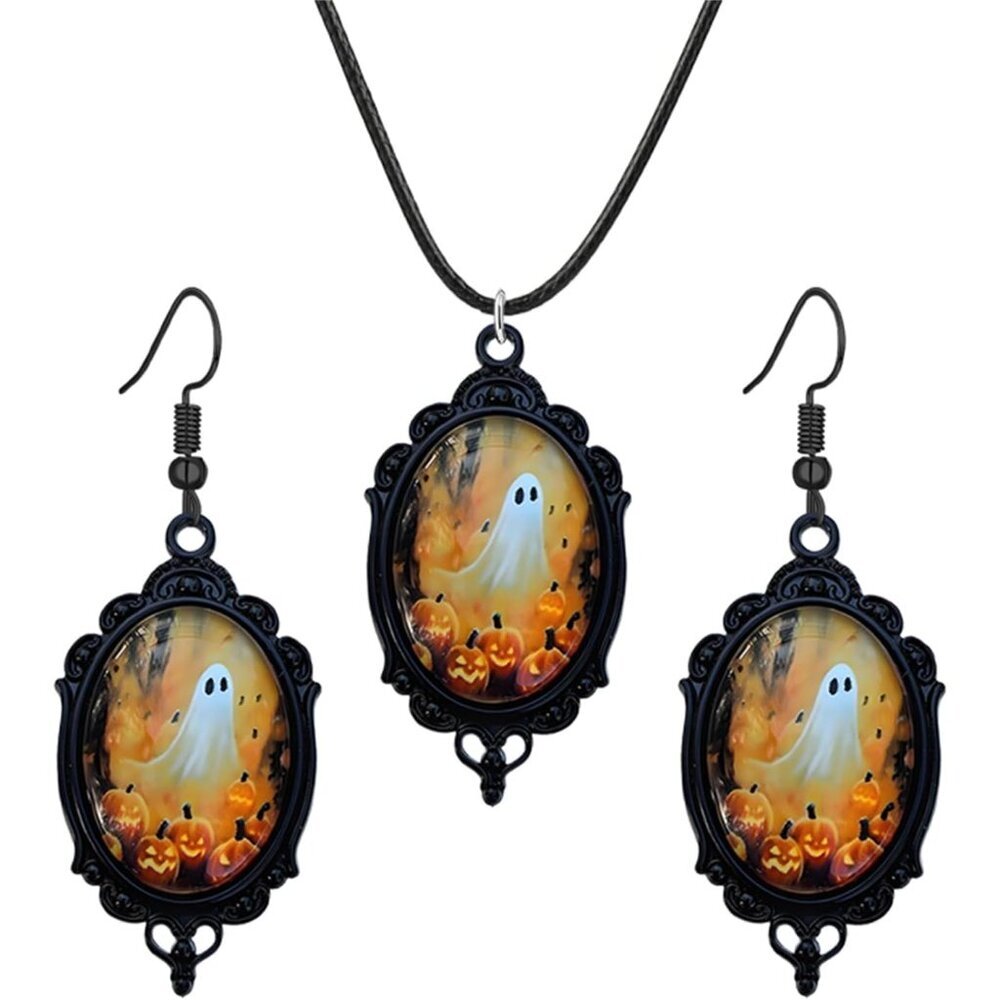 Gothic Ghost Earrings Necklace Set for Women Vintage Crystal Glass Ghost Cameo P